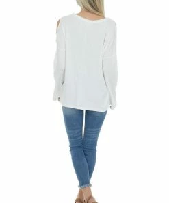 143 Story Tops Ivory Waffle Knit Long Sleeve Top With Cold Shoulder