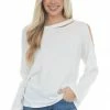 143 Story Tops Ivory Waffle Knit Long Sleeve Top With Cold Shoulder