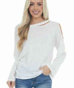 143 Story Tops Ivory Waffle Knit Long Sleeve Top With Cold Shoulder