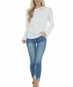 143 Story Tops Ivory Waffle Knit Long Sleeve Top With Cold Shoulder