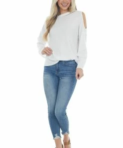 143 Story Tops Ivory Waffle Knit Long Sleeve Top With Cold Shoulder