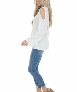 143 Story Tops Ivory Waffle Knit Long Sleeve Top With Cold Shoulder