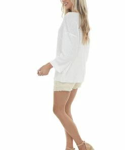 Jodifl Ivory Waffle Knit Notch Neck Top With Loose Long Sleeves Tops