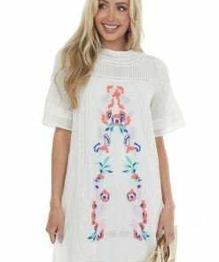 143 Story Dresses Ivory Woven Dress With Floral Embroidered Detail