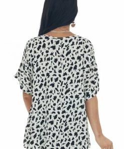 HESED Tops Ivory And Black Animal Print Short Sleeve Blouse