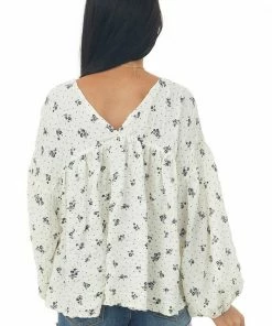 Ces Femme Ivory And Black Floral Print Babydoll Blouse