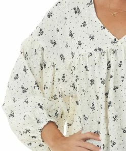 Ces Femme Ivory And Black Floral Print Babydoll Blouse