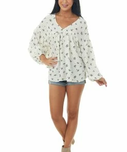 Ces Femme Ivory And Black Floral Print Babydoll Blouse