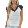Ces Femme Ivory And Black Striped V Neck Cap Sleeve Top Tops