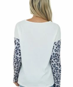 Supreme Fashion Tops Ivory And Grey Leopard Colorblock Long Sleeve Ribbed Top
