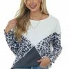 Supreme Fashion Tops Ivory And Grey Leopard Colorblock Long Sleeve Ribbed Top