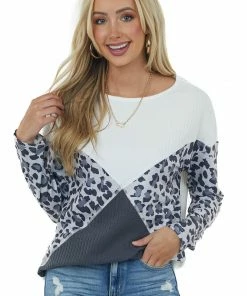 Supreme Fashion Tops Ivory And Grey Leopard Colorblock Long Sleeve Ribbed Top