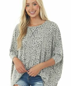 La Miel Ivory And Grey Oversized Leopard Print Batwing Top Tops