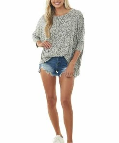 La Miel Ivory And Grey Oversized Leopard Print Batwing Top Tops