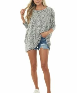 La Miel Ivory And Grey Oversized Leopard Print Batwing Top Tops