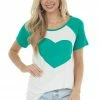 HEIMISH Ivory And Shamrock Raglan Short Sleeve Heart Graphic Top Tops
