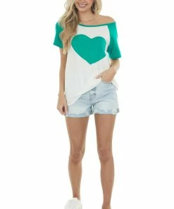 HEIMISH Ivory And Shamrock Raglan Short Sleeve Heart Graphic Top Tops