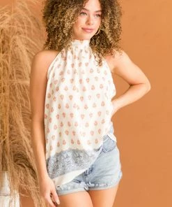 SugarFox Ivory Bohemian Printed Halter Tie Woven Top