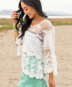 Davi & Dani Tops Ivory Crochet Lace And Sheer Mesh Blouse