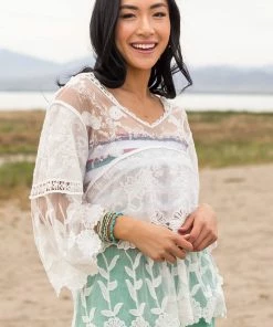 Davi & Dani Tops Ivory Crochet Lace And Sheer Mesh Blouse