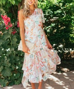 Sweet Lemon Ivory Floral One Shoulder Puff Sleeve Midi Dress