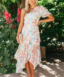 Sweet Lemon Ivory Floral One Shoulder Puff Sleeve Midi Dress