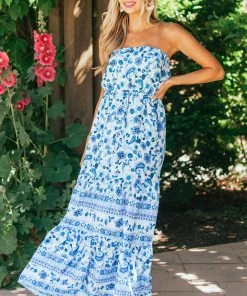 Aakaa Ivory Floral Print Strapless Front Waist Tie Dress Dresses