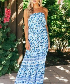 Aakaa Ivory Floral Print Strapless Front Waist Tie Dress Dresses