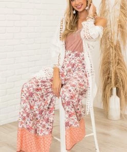 Ces Femme Ivory Floral Smocked Waist Flowy Leg Pants