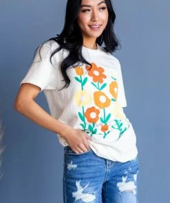 Lotus Fashion Tops Ivory Flower Graphic Drop Shoulder Knit Tee