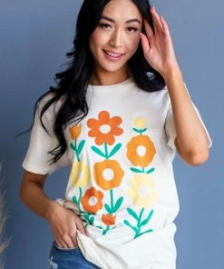 Lotus Fashion Tops Ivory Flower Graphic Drop Shoulder Knit Tee