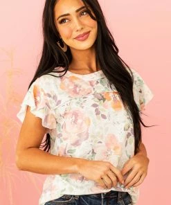 BiBi Ivory Multi Floral Top With Frill Sleeves Tops