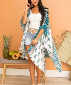 ANGIE Ivory Multiprint Kimono With Deep Side Slits