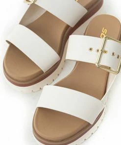 FORTUNE DYNAMIC Shoes Ivory Platform Gold Buckle Strap Slip On Sandals