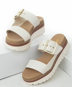 FORTUNE DYNAMIC Shoes Ivory Platform Gold Buckle Strap Slip On Sandals