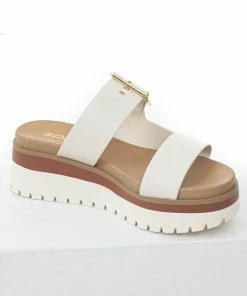 FORTUNE DYNAMIC Shoes Ivory Platform Gold Buckle Strap Slip On Sandals