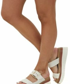 FORTUNE DYNAMIC Shoes Ivory Platform Gold Buckle Strap Slip On Sandals
