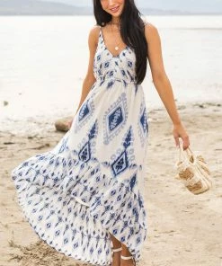 ANGIE Dresses Ivory Printed V Neck Sleeveless High Low Dress