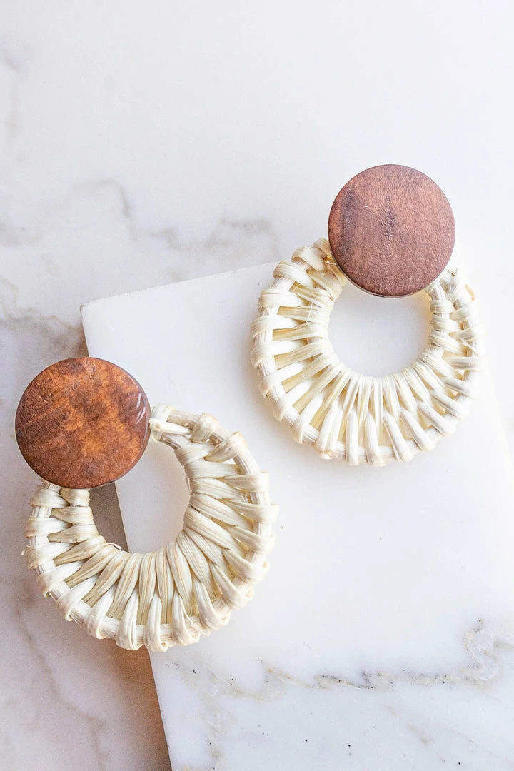 Fame Accessories Ivory Raffia Wood Circle Drop Earrings 3 Fame Accessories Ivory Raffia Wood Circle Drop Earrings