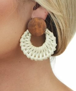 Fame Accessories Ivory Raffia Wood Circle Drop Earrings