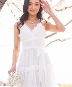 She + Sky Dresses Ivory Sleeveless Waist Tie Ruffled Cami Dress