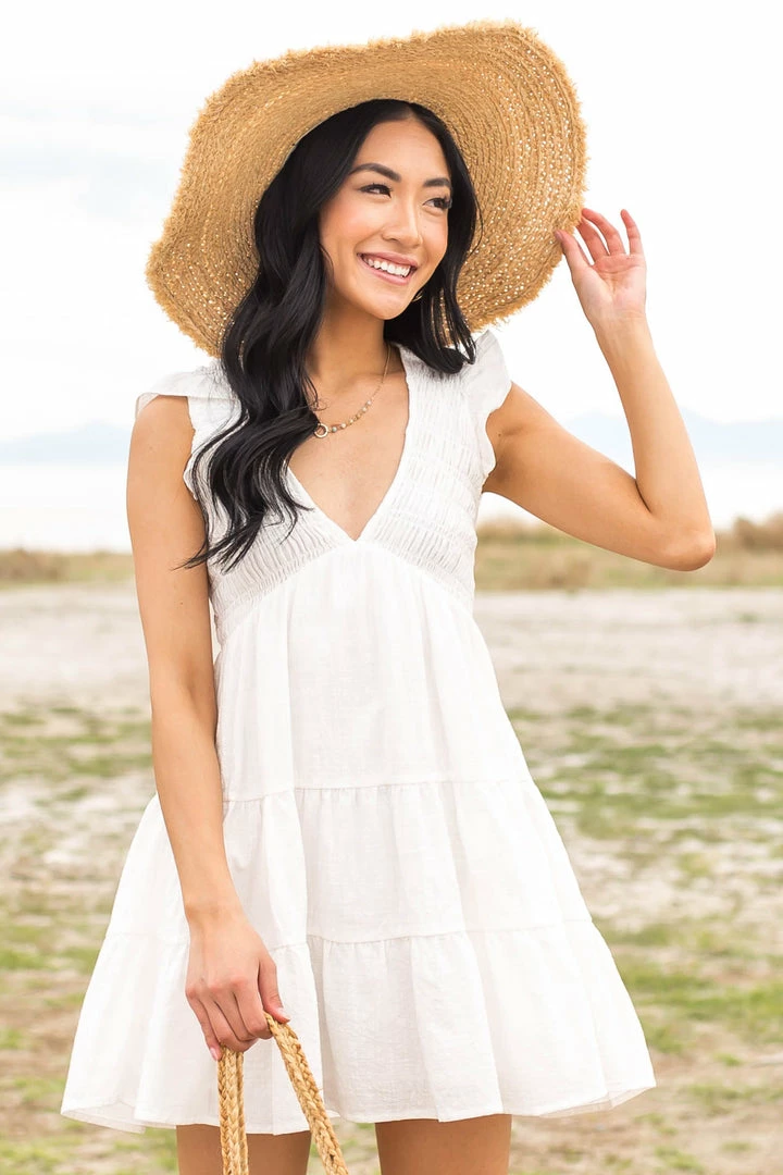 HYFVE Ivory Smocked V Neck Babydoll Tiered Mini Dress Dresses 3 HYFVE Ivory Smocked V Neck Babydoll Tiered Mini Dress Dresses