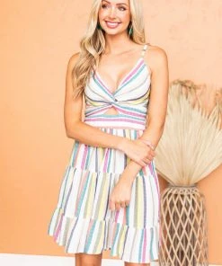 ANGIE Ivory Striped Sleeveless Strap Knot Mini Dress