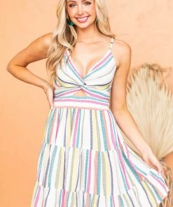 ANGIE Ivory Striped Sleeveless Strap Knot Mini Dress