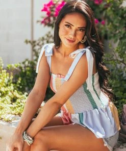 BiBi Tops Ivory Striped Smocked Tie Strap Peplum Top