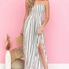 ANGIE Ivory Striped Smocked Wrap Leg Strapless Jumpsuit