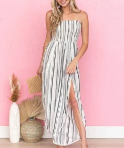 ANGIE Ivory Striped Smocked Wrap Leg Strapless Jumpsuit