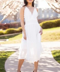 Entro Ivory Swiss Dot Sleeveless Frilled Midi Dress With V Neck