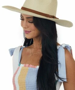 Fame Accessories Ivory Wide Brim Pleather Strap Panama Straw Hat