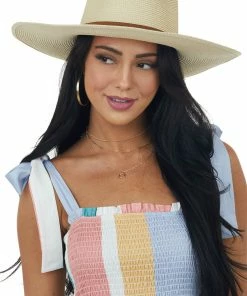 Fame Accessories Ivory Wide Brim Pleather Strap Panama Straw Hat
